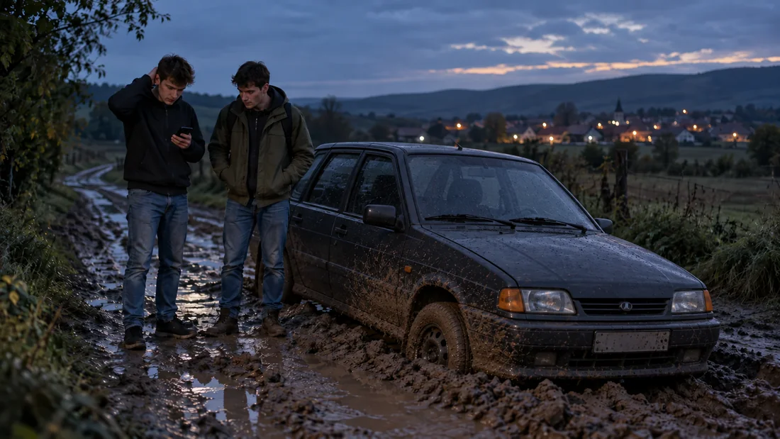 A Lada VAZ-2114 stuck on a muddy road after rain