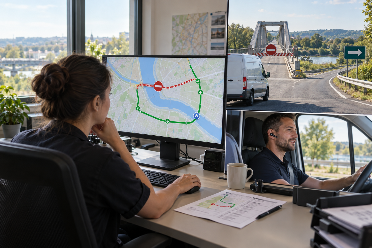 Dispatcher checking a route while a delivery van faces a closed bridge