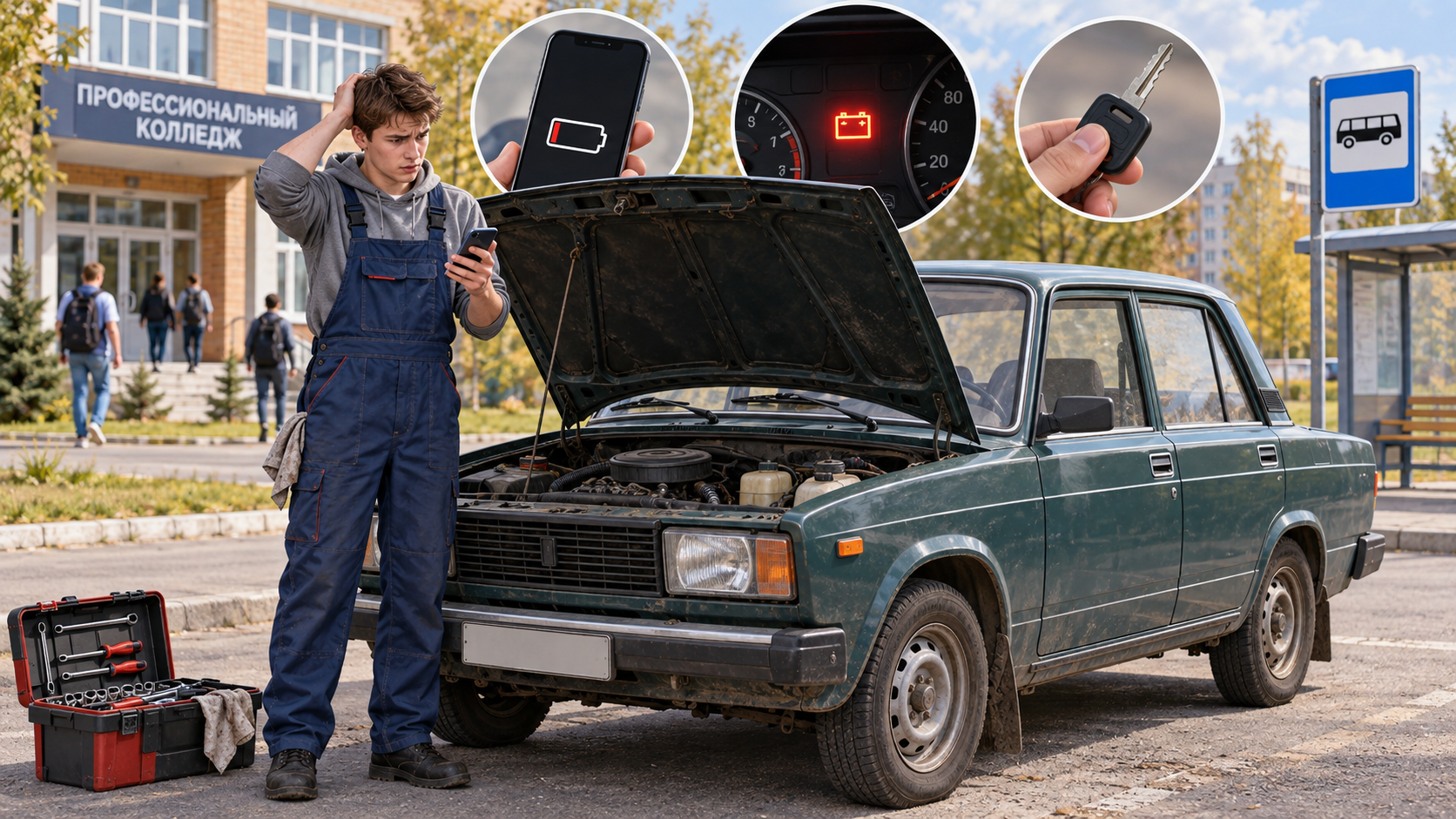 A Russian car with an open hood and a mechanic student