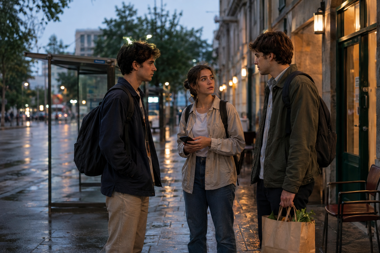 Older students talking after work on a rainy evening