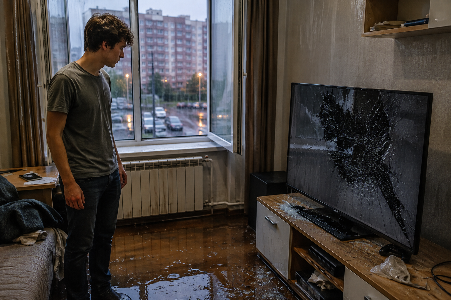 A student after heavy rain damaged a TV