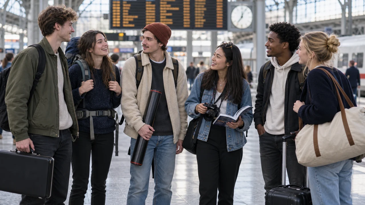 Six young adults waiting for different journeys at a railway station