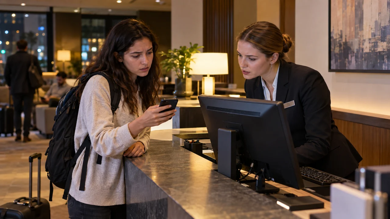 A guest and a receptionist compare two different booking records