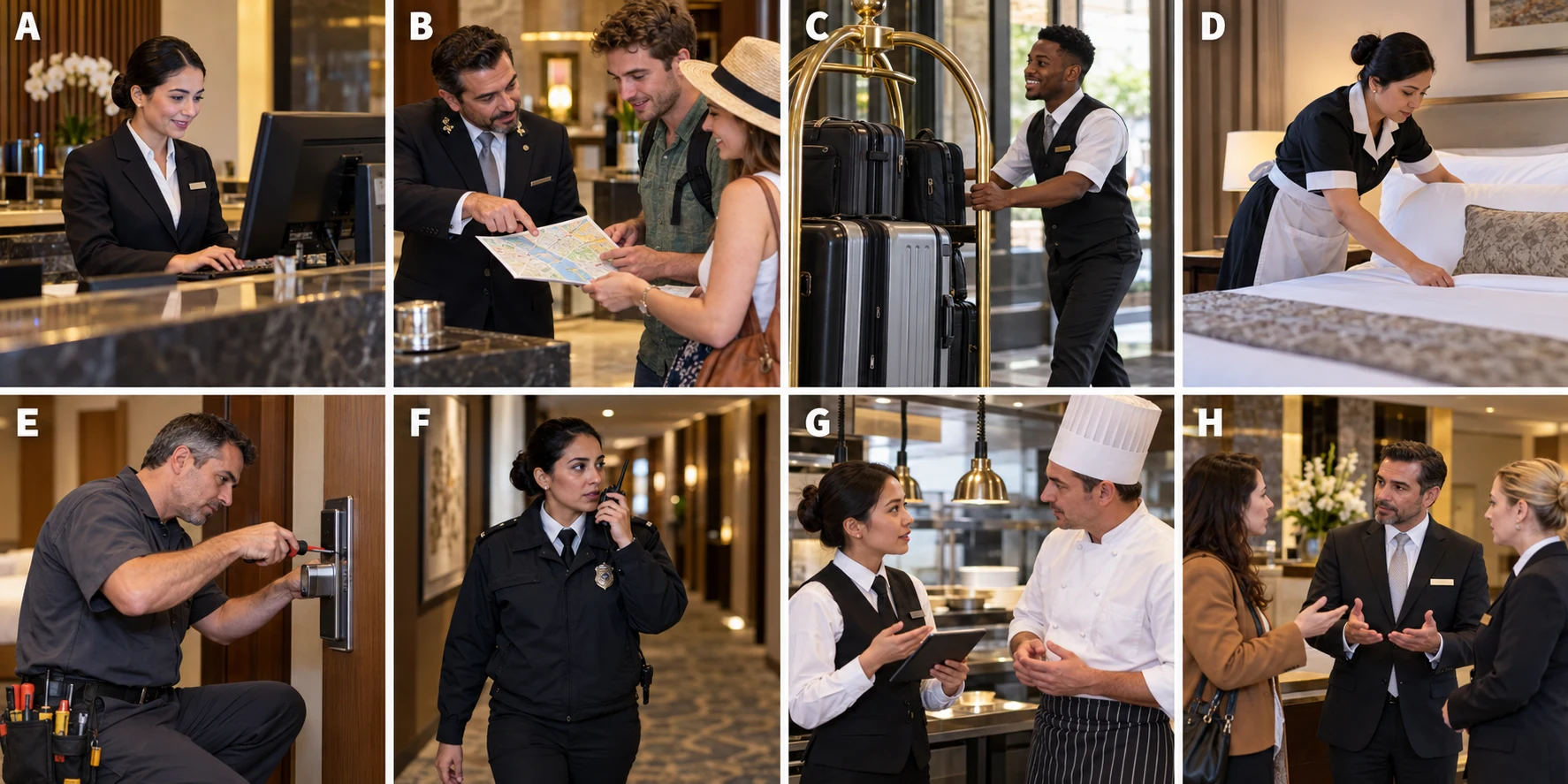 Eight hotel employees labelled A to H doing different tasks