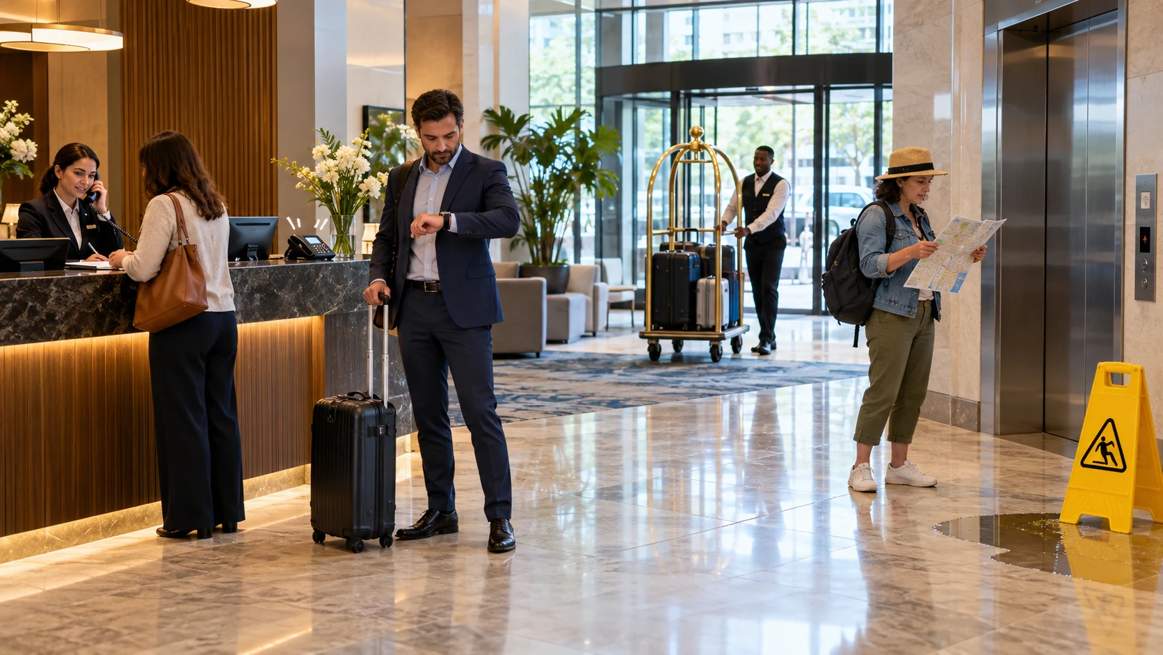 A busy hotel lobby with guests, luggage, a map, a desk phone and a wet area near the lift