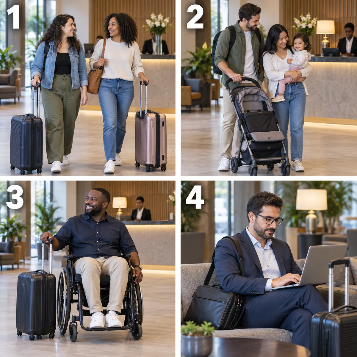 Four hotel guest profiles numbered 1 to 4