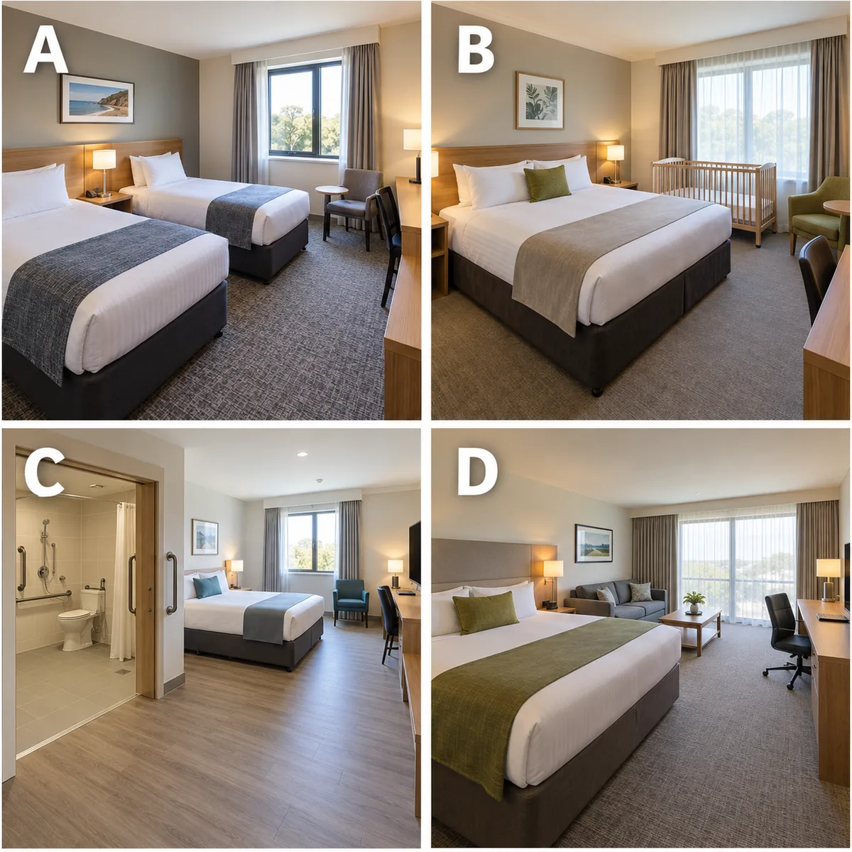Four hotel room options labelled A to D