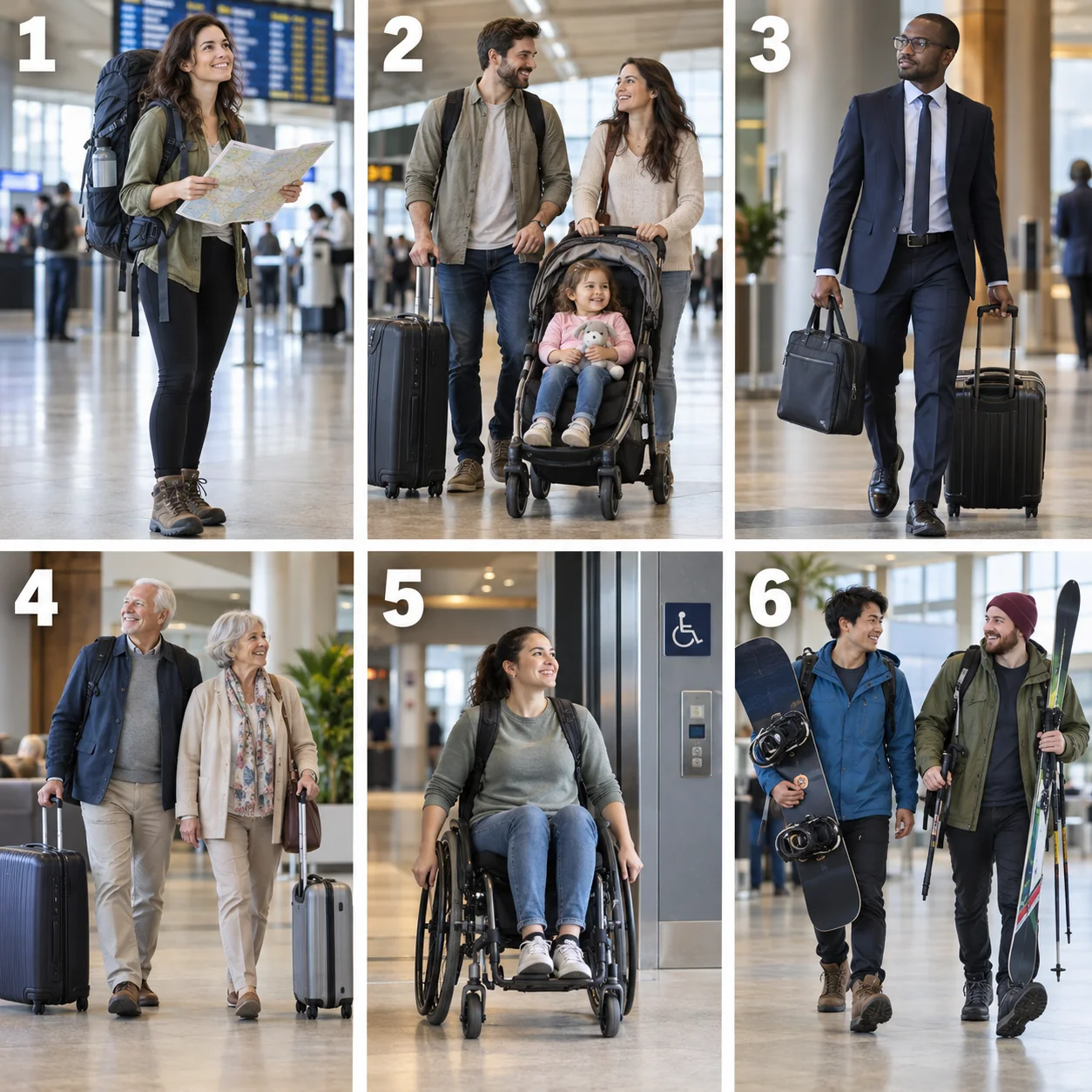 Six different traveller profiles numbered 1 to 6