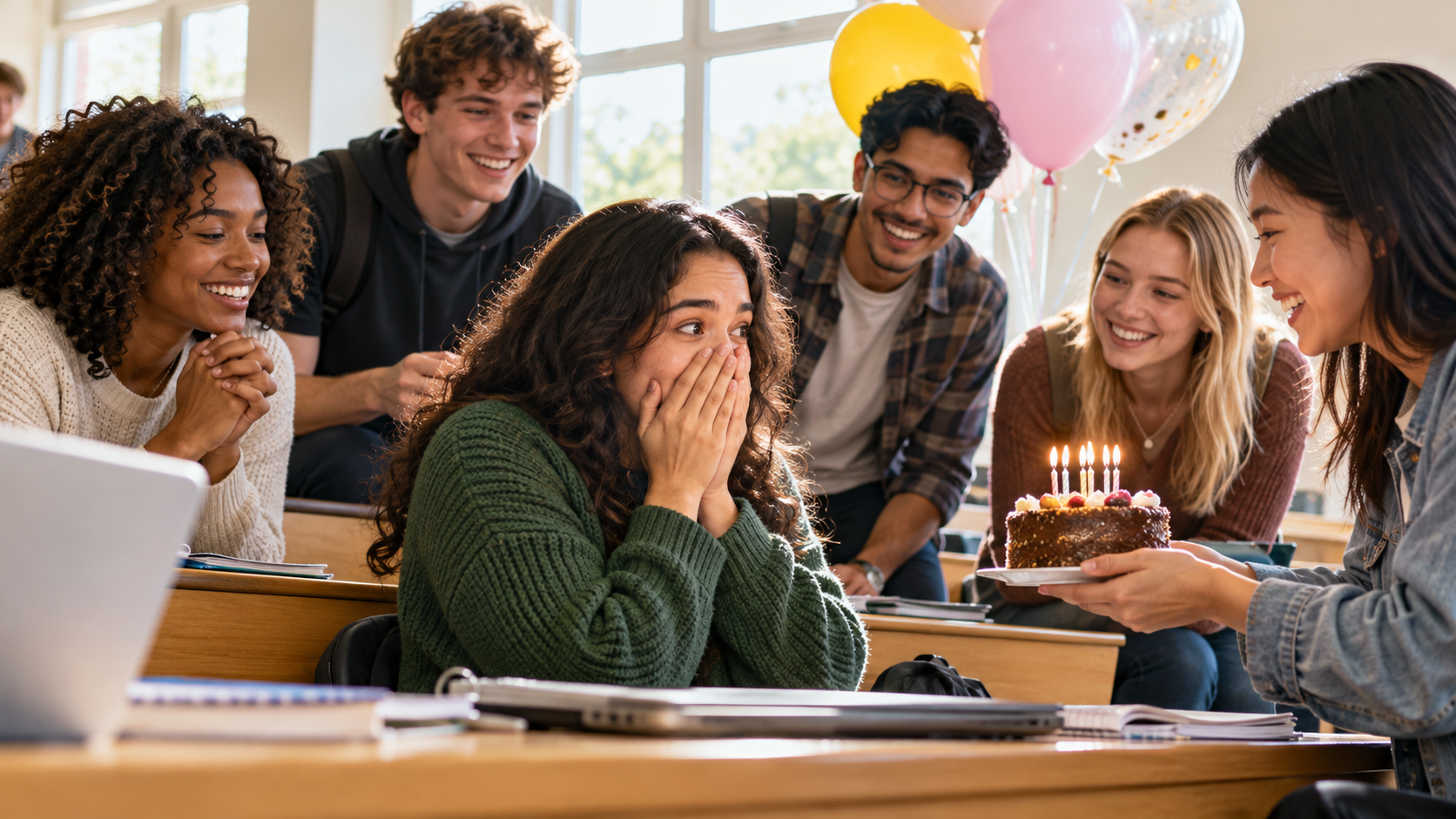 A student surprised by classmates on a birthday