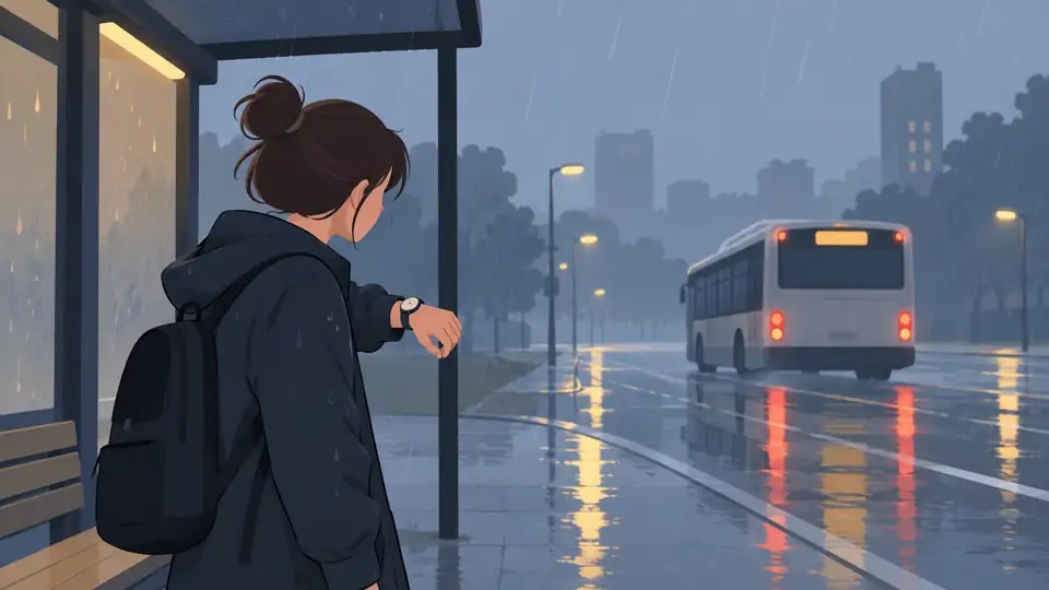 A student watching a bus leave in the rain