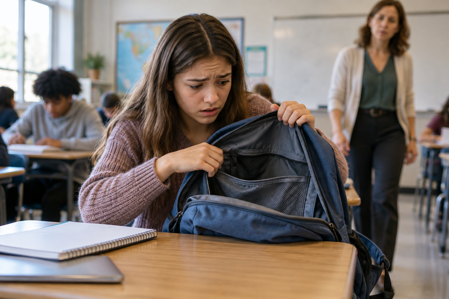 A student looking for missing homework
