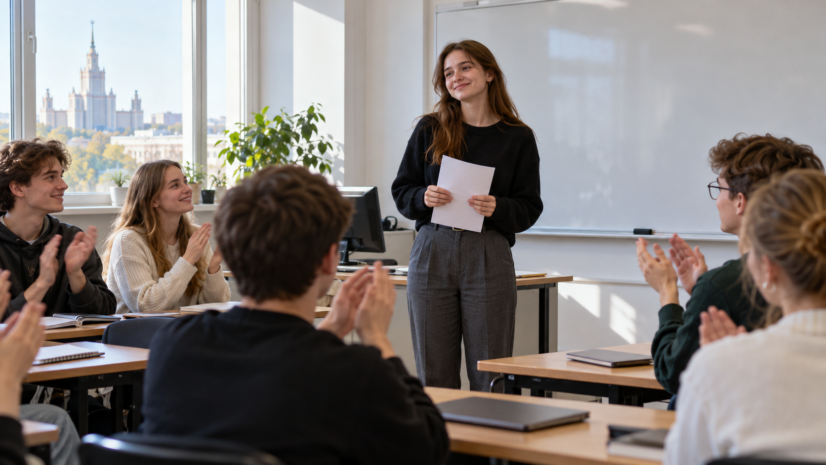A student after a classroom presentation