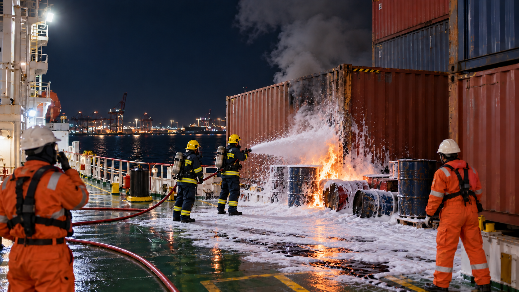 Trained crew responding to the incident near damaged fuel drums