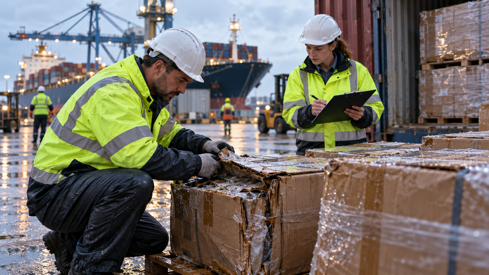 Port workers inspecting wet and damaged cargo