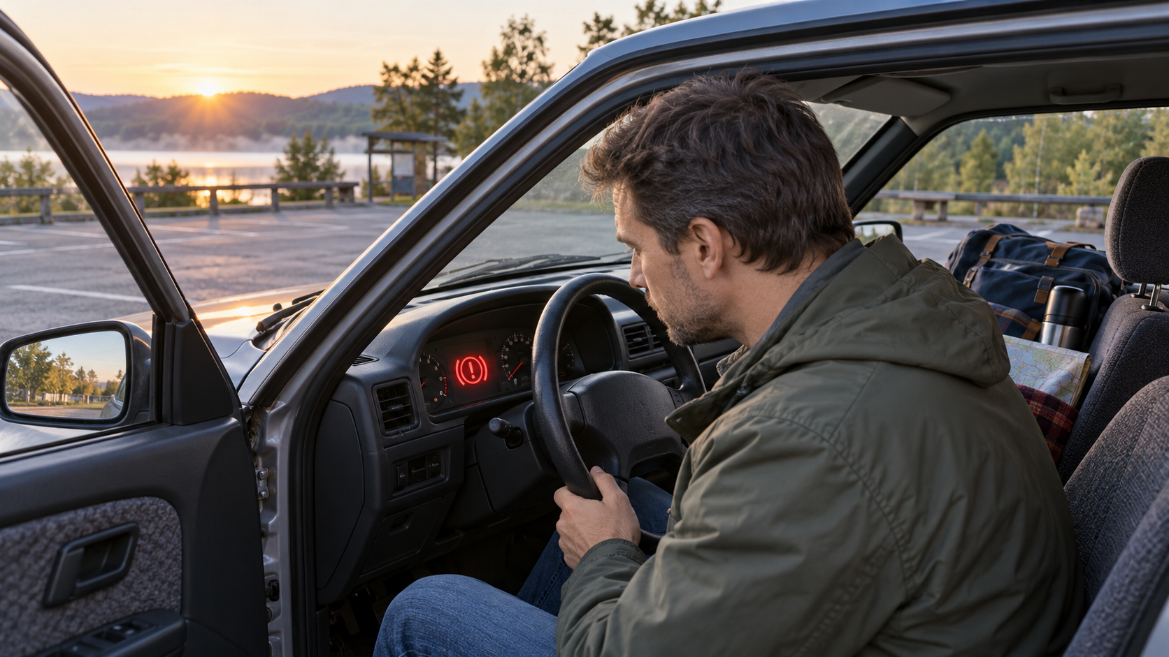 A car with a brake warning light before a journey