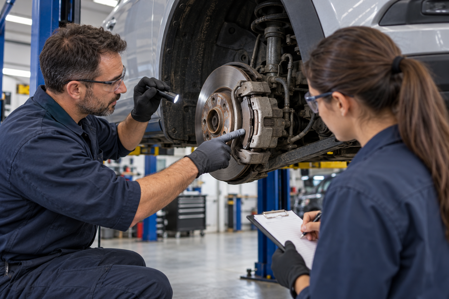 A mechanic safely inspecting a brake assembly in a workshop