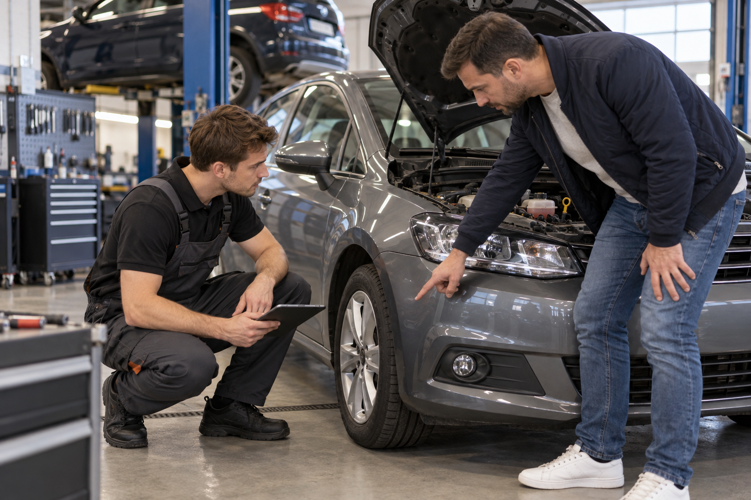 A mechanic listens to a customer's description beside a car