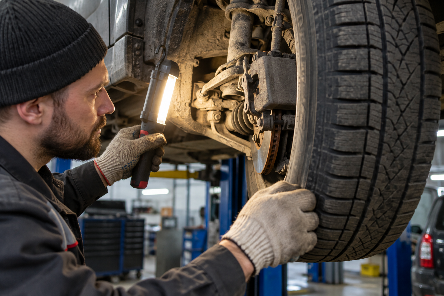 A mechanic inspects a wheel and brake area