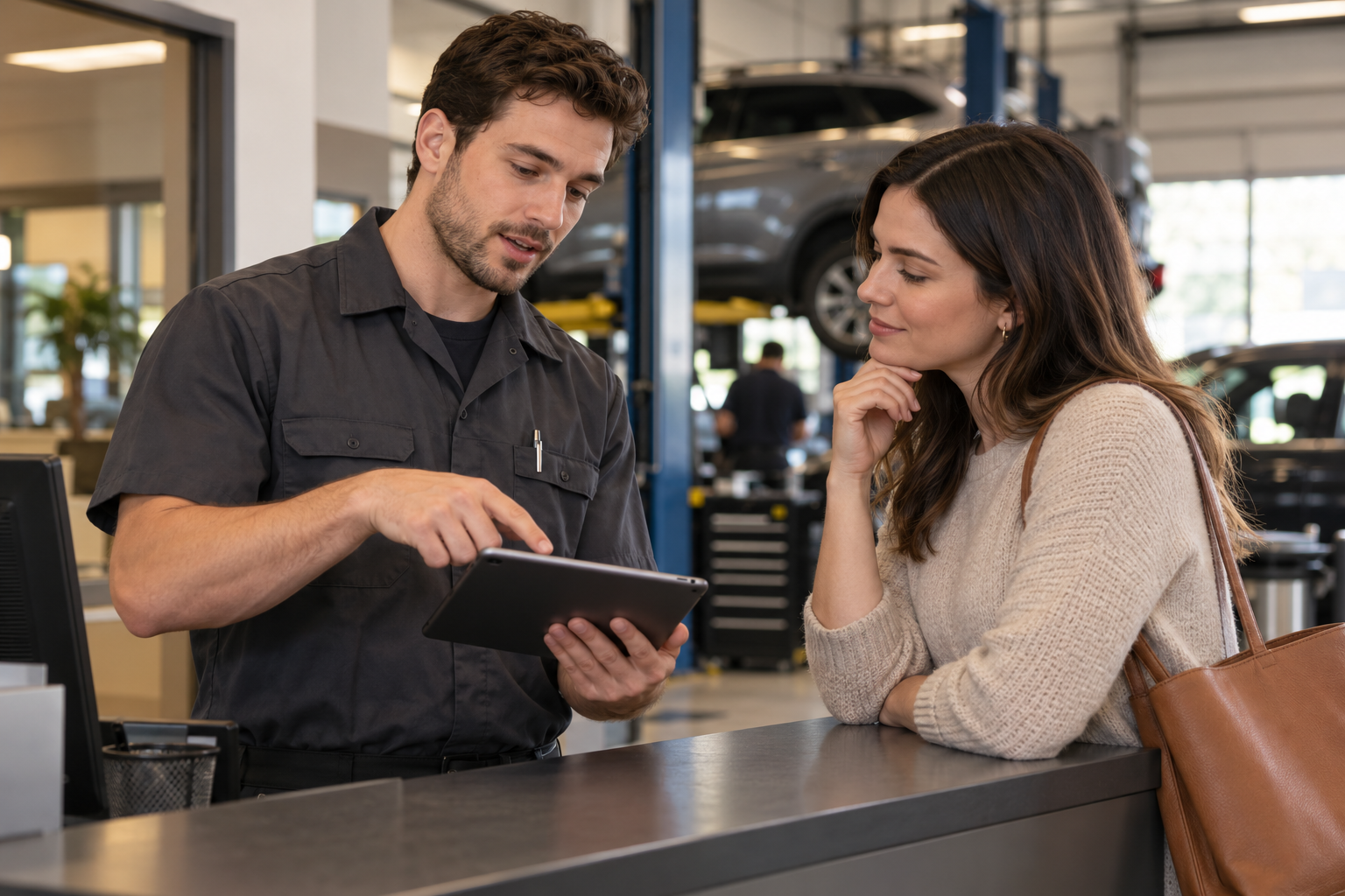 A mechanic explains an inspection to a customer at a service desk