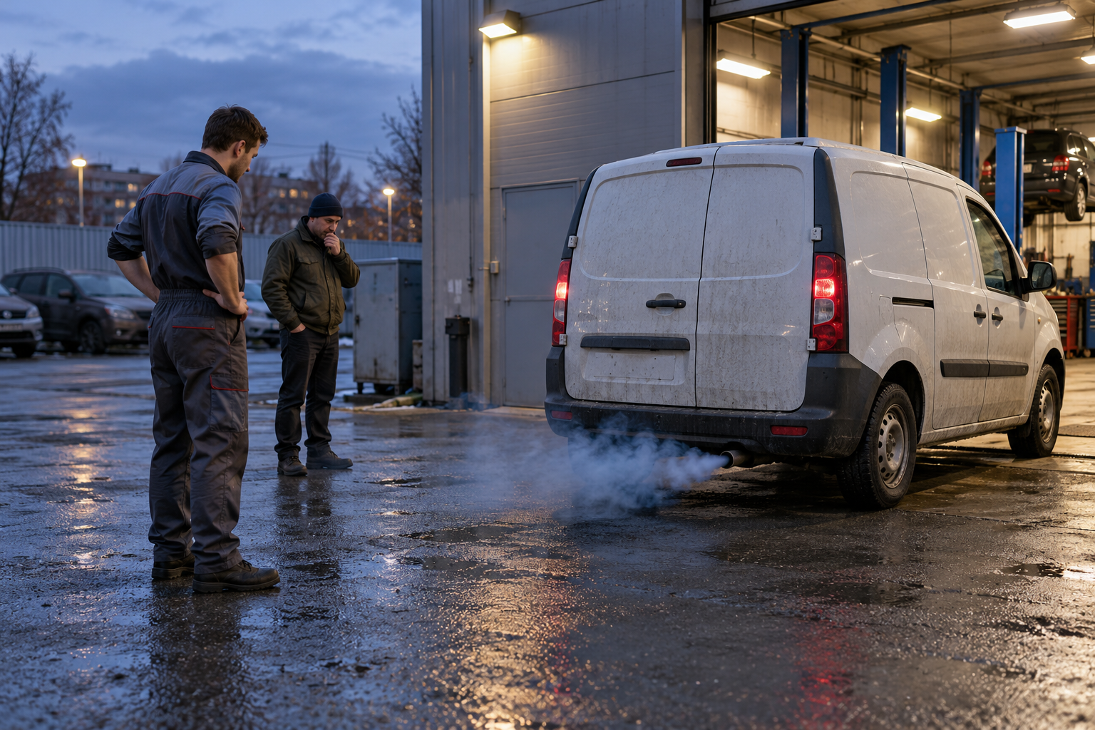 A delivery van at a service garage with blue smoke from its tailpipe