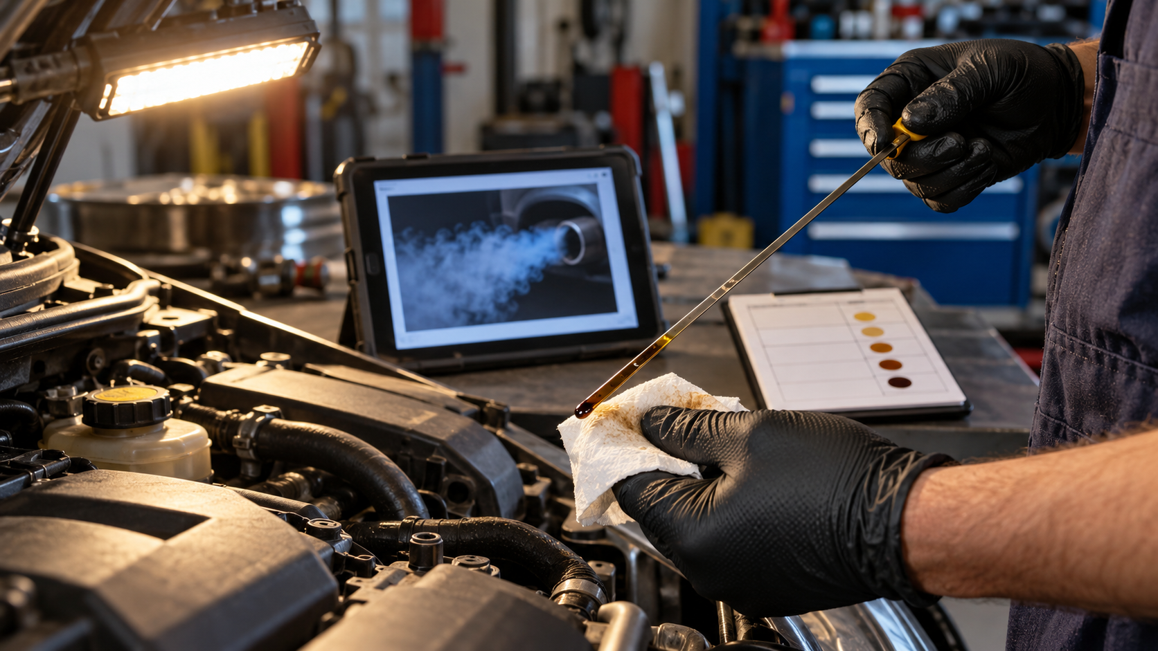 A mechanic checks an oil dipstick in a workshop