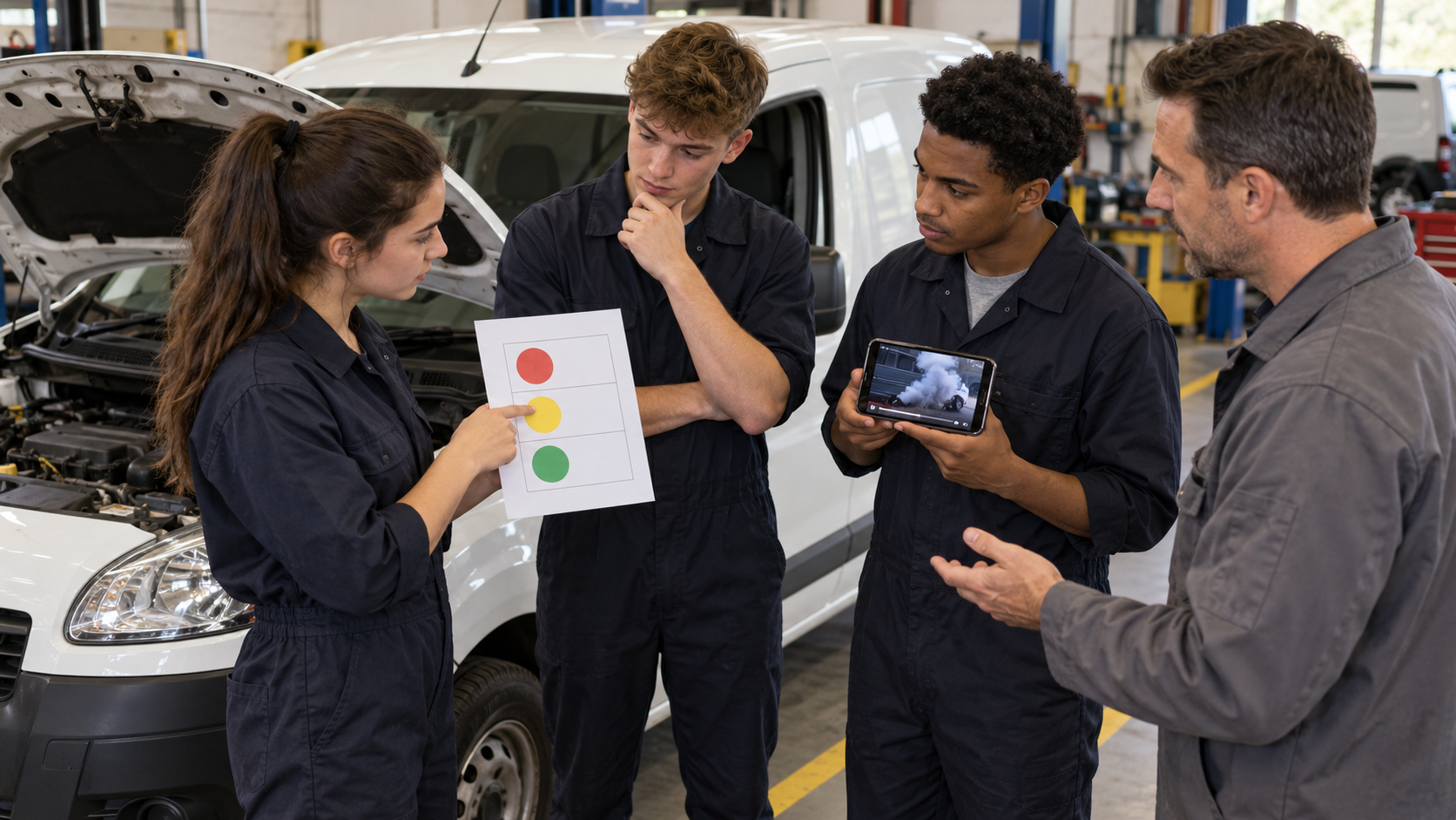 Students and a mentor discuss a delivery van beside a garage