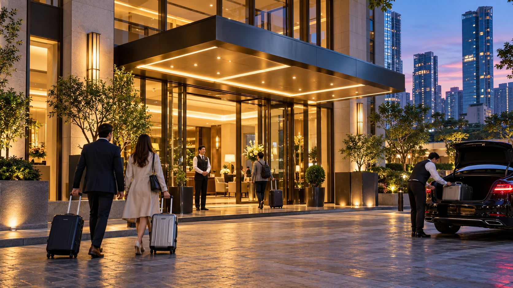 Guests arrive at a modern city hotel
