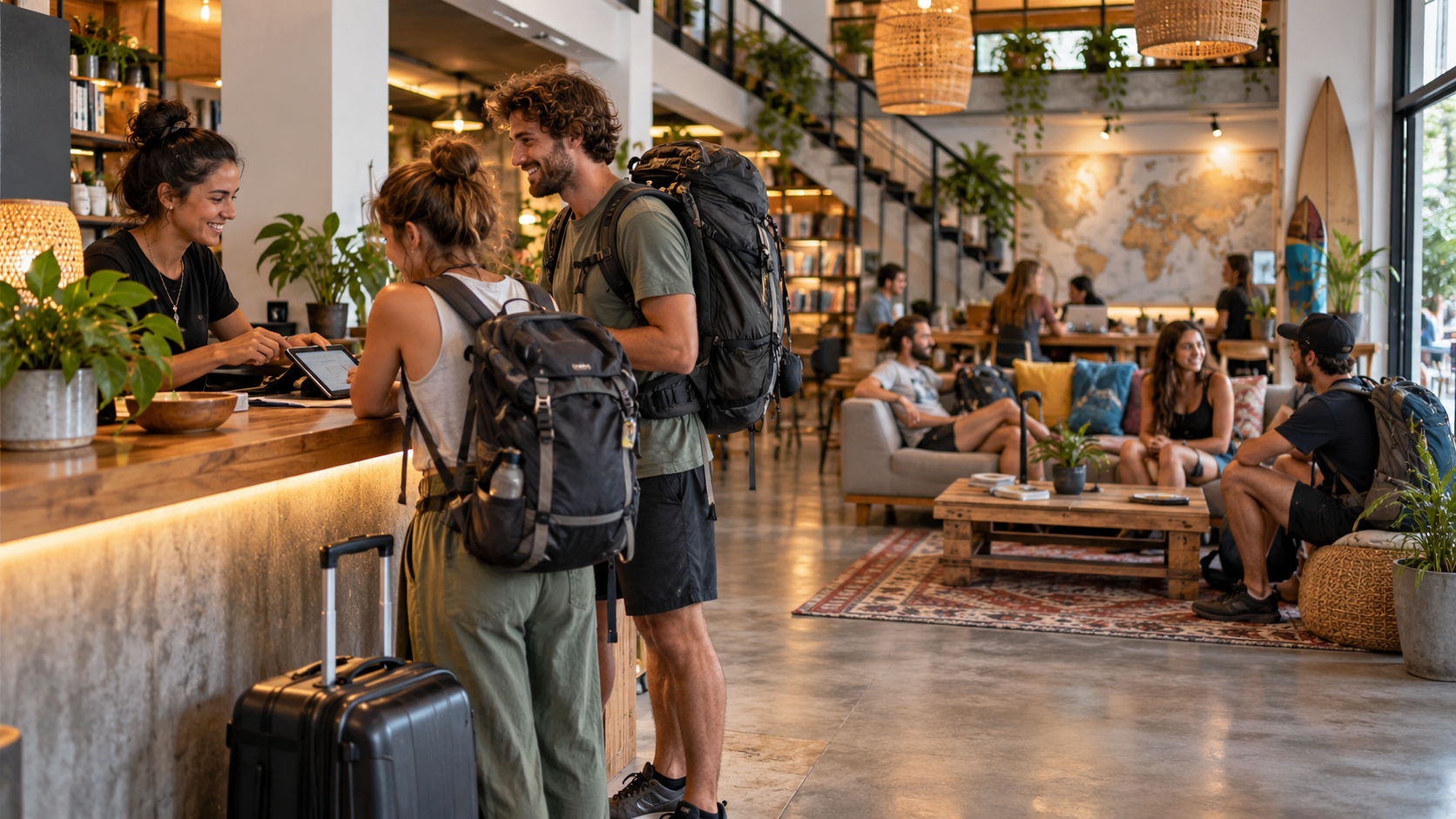 Travellers check in at a friendly hostel