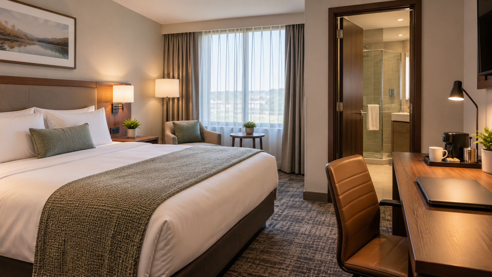 A practical business hotel room with a desk