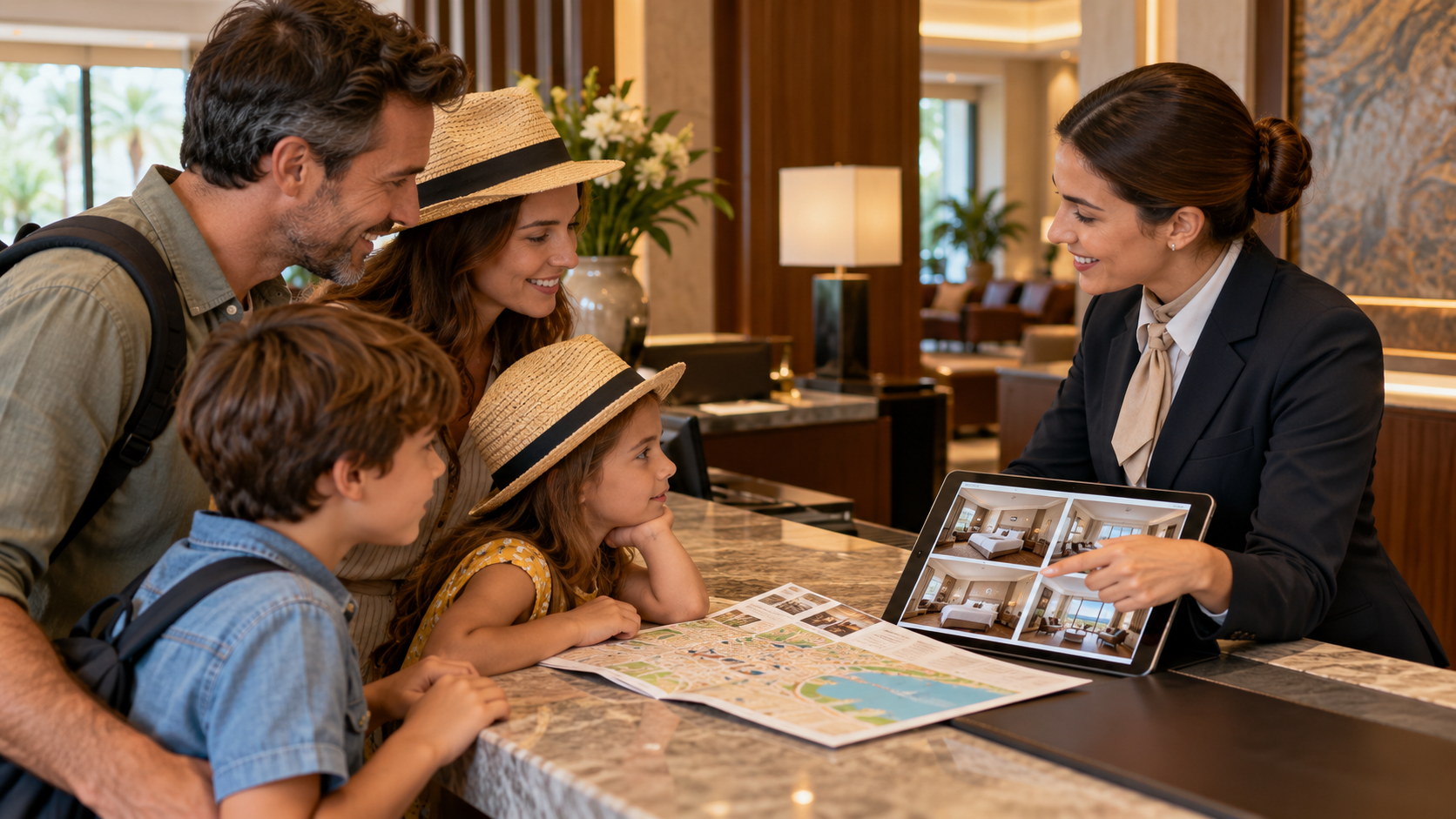 A concierge helps a family compare hotel options