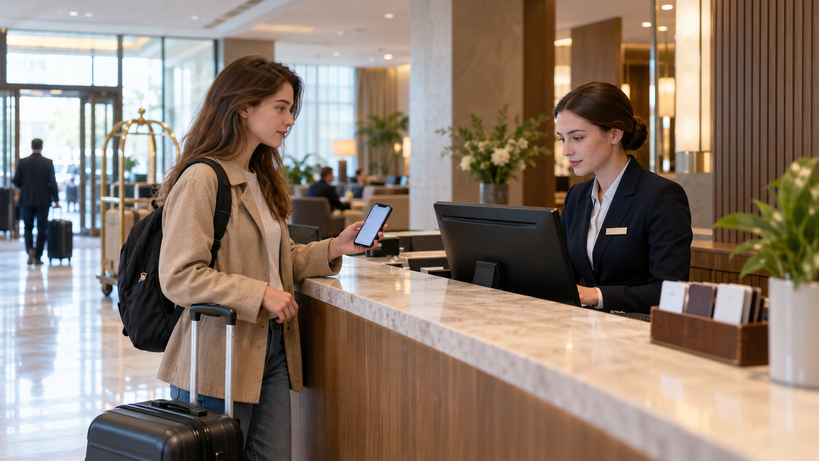 A guest at a hotel reception showing a phone to the receptionist